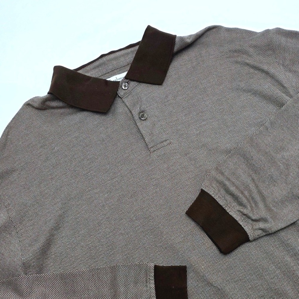 Turnbury Mens XL Brown Herringbone 100% Cotton Long Sleeve Polo Shirt